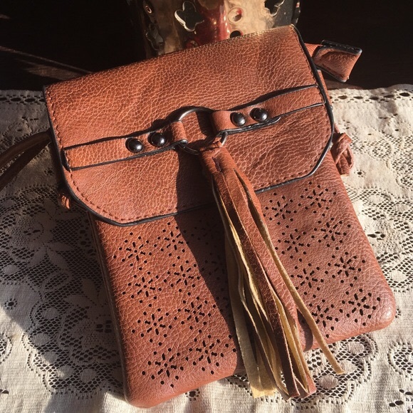 Minky Vegan Laser Cut Brown Mini Cross Body Bag - Picture 3 of 6